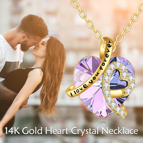 KECHO 14K Real Gold I Love You Forever Necklace Solid Yellow Gold Heart Birthstone Crystal Pendant Jewelry Birthday Mother's Day Anniversary Christmas Gifts for Women4