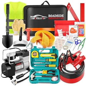 Car Emergency Roadside Kit,Vehicles Truck Road Side Safety Tool Kit with Air Compressor,Women Men Auto Winter Essentials Assistance Survival Kit with Jumper Cables First Aid Kit Blanket Shovel