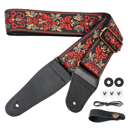 VOHALO Sangle de Guitare pour Guitares Acoustiques & Électriques, Coussin Ergonomique Renforcé, Motif Vintage Fleuri, Longueur Réglable 100-150cm, Inclut...