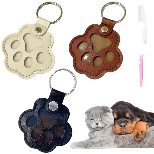 Cat & Dog Hair Keychain - Paw Shaped Leather Memorial Keepsake for Dog Cat Fur Storage, Pet Fur Keepsake Collector with Refillable Capsule (3PCS)