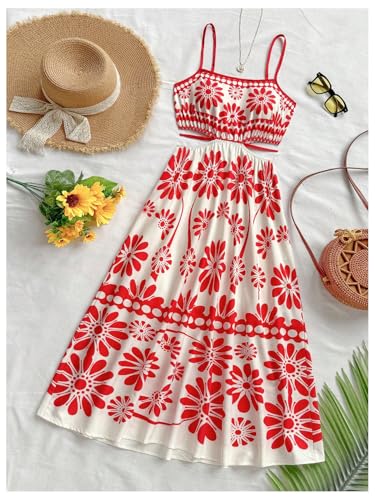 Image of Floerns Women's Cut Out Tropical Spaghetti Strap Midi Dress Summer Beach Vacation Flowy Dresses
