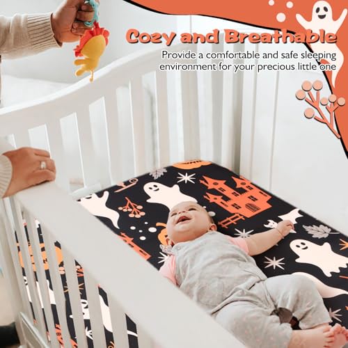Image of JISEN Halloween Crib Sheet Ghosts Fitted Crib Sheet for Boys Girls Crib Mattress Cover Baby Sheet for Standard Crib and Toddler Mattress Soft Breathable Baby Bed Sheet for Neutral 52x28 Inch Castles