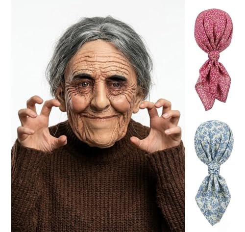 Realistic Old Lady Mask with Headscarf Creepy Granny Latex Headgear for Halloween Cosplay Party Adult Female Wrinkled Face Covers Masks Props for Masquerade Pranks Decor (Random Headscarf Pattern)