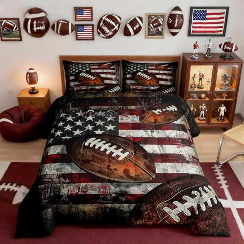 Feelyou Football Comforter Set Queen Size Kids American Flag Comforter for Boys Girls Teens Rugby Gaming Sports Bedding Set Sports Theme Quilt Set