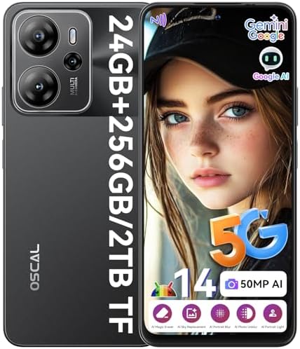OSCAL Tiger 13 5G Phones Unlocked,24(8+16) GB+256GB/TF 2TB Octa Core, Unlocked Android 14 Phones 5G,Gaming Phone, 50+8MP,90Hz 6.67″ HD+ Dual Sim,5000mAh, Face ID/Fingerprint/NFC/BT5.0/OTG(Black)