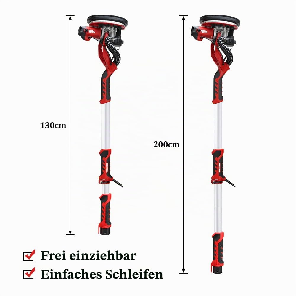 Trockenbauschleifer, Deckenschleifer 1390W, 2800 1/min max,Teleskop Langhalsschleifer mit Selbstreinigungsfunktion,12PCS Schleifpapier LED Licht,Tragetasche