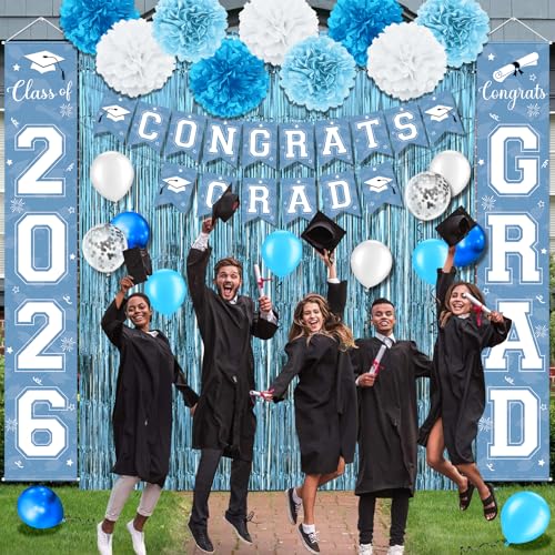 Image of Graduation Party Decorations Class of 2026, Graduation Decorations with Congrats Grad Banner Fringe Foil Curtain Paper Flower Ball Balloon for High School College Graduation Party Supplies, Light Blue