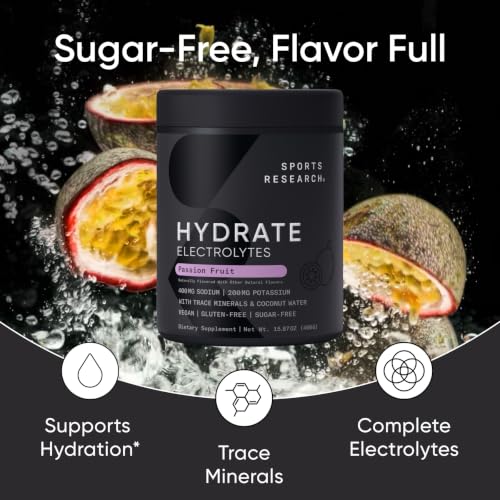 Image of Sports Research Hydrate Electrolytes Powder - Sugar-Free & Naturally Flavored with Vitamins, Minerals, and Coconut Water - Supports Hydration - Passion Fruit