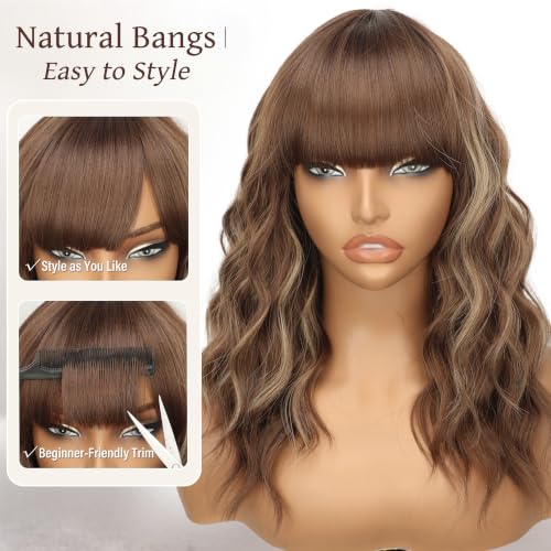 Image of Nnzes Short Wavy Bob Wig with Bangs for Women Shoulder Length Curly Soft mushroom ash brown highlights Synthetic Heat-Resistant Fiber Hair for Daily & Party Use