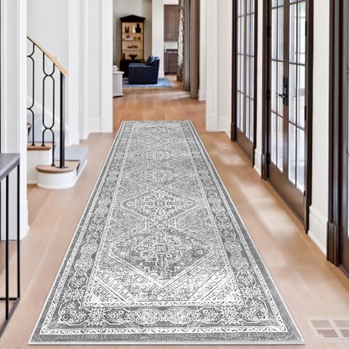KUTA 3x10 Grey Oriental Area Rug for Living Room, Vintage Washable Kitchen Rugs Non Slip, Ultra Soft Printed Distressed Traditional Medallion Entry Low-Pile Throw Carpet for Bedroom