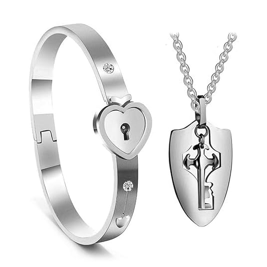 Stainless Steel Heart Lock and Key Bracelet Pendant Set for Couples Men Women and Valentine (Silver)