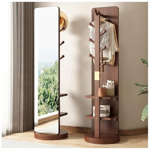 Espejo giratorio de longitud completa con perchero, diseño de pie de madera, incluye ganchos y estantes para dormitorio y sala de estar