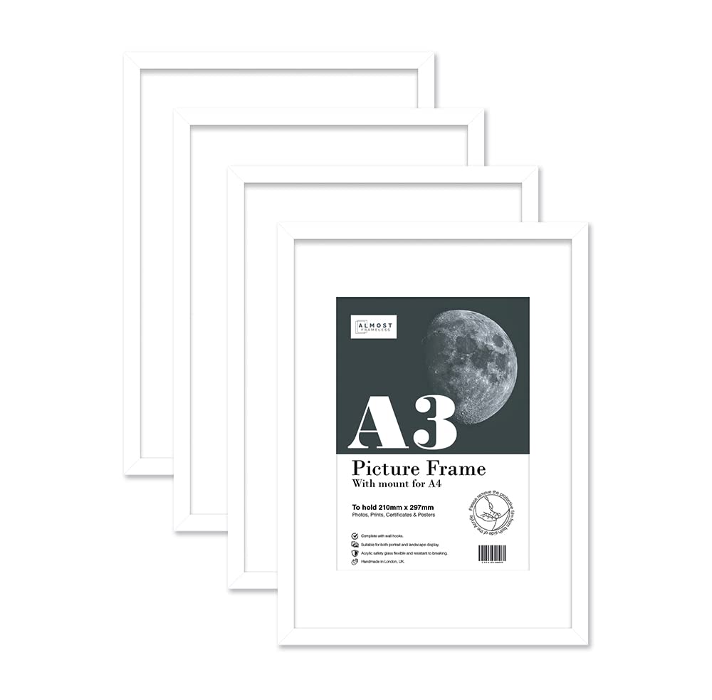 Almost Frameless A3 White Picture Frame Set of 4, Display A4 Pictures with Mount or A5 Without Mount Gallery Wall, Poster, Photo, Artwork, or Print, White