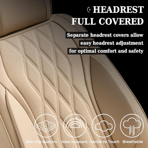 Image of Coverado Front Seat Covers, Car Seat Protector, Waterproof Nappa Leather Cushion, Fit for Most Sedans SUV Pick-up Truck-Beige