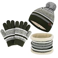Kids Toddlers Winter Knit Warm Beanie Hat Scarf Gloves Set for Boys Girls Age 2-7, Pompom Cap Neck Warmer Gloves Fleece Lined