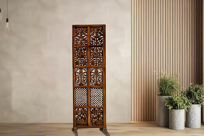 PACIFIC ART & CRAFTS Handcrafted Wooden Room Divider Panel with Intricate Carvings – Single Fold Decorative Partition, Pooja Room Divider (Brown)