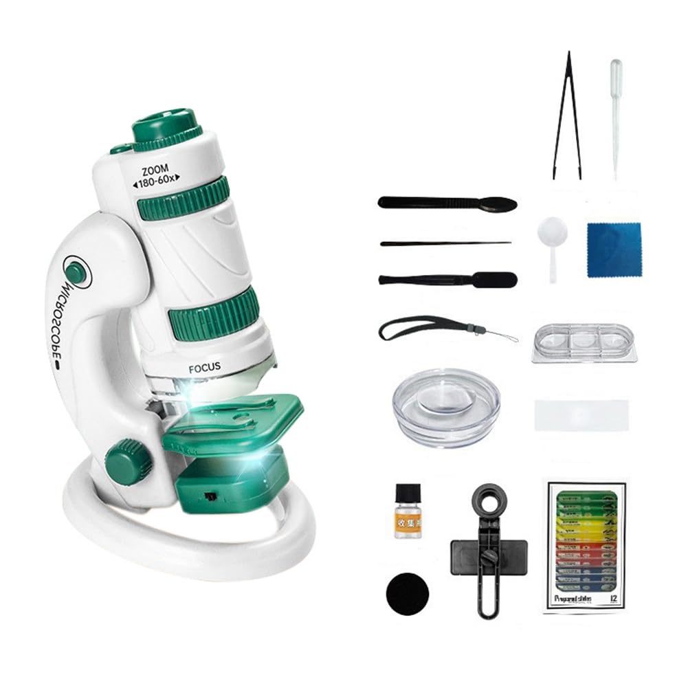 BerichwKids Science Microscope Kit Accessories 60-180X Educational Mini Pocket Handheld Smart Phone Microscope with LED Light White+Green