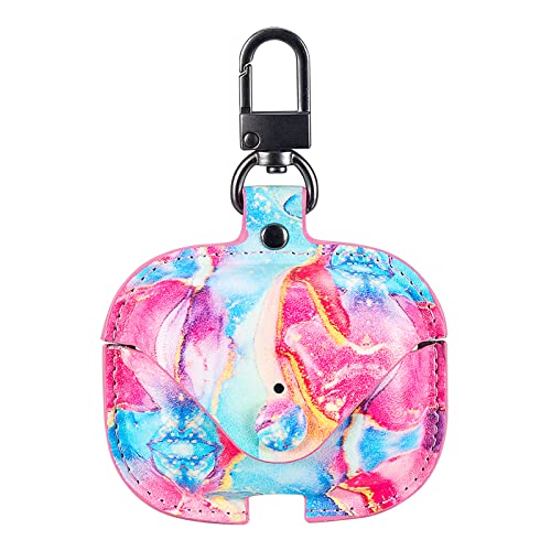 Image of Genuine Leather Case Compatible with AirPods Pro 3rd Gen (2025), VOMA Protective Cover for Apple AirPods Pro 3 Wireless Charging Case with Keychain and Snap Lock Colorful Marble