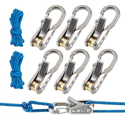 6 Pack Metal Rope Adjusters Rustproof Heavy Duty Guyline Tensioners with 9FT Reflective Braided Cords for Camping Tent Tarp RV Awning & Boat Cover
