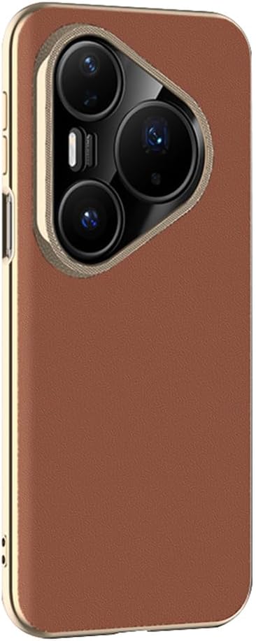 Genuine Leather Case for Huawei Pura 80 Ultra/80 Pro+/80 pro/80, Electroplated Frame Cover Frosted Anti-Fingerprint Ultra Thin Case,Brown,80 Ultra