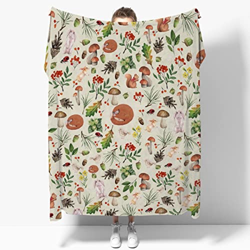 Image of Vintage Foxes Rabbits Mushrooms Forest Corner Blanket Print Soft Lightweight Warm Cozy Plush for Bedding Couch Practical Gift Universal XS 30 * 40 in for Leg/Pet