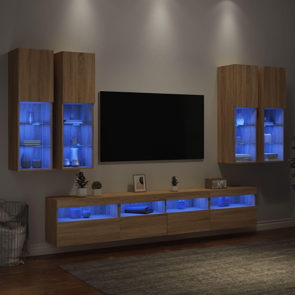 Oświetlenie LED Meble ścienne TV 7 sztuk Dąb Sonoma Pływający stojak na telewizor LED ze schowkiem i konfigurowalnymi światłami RGB