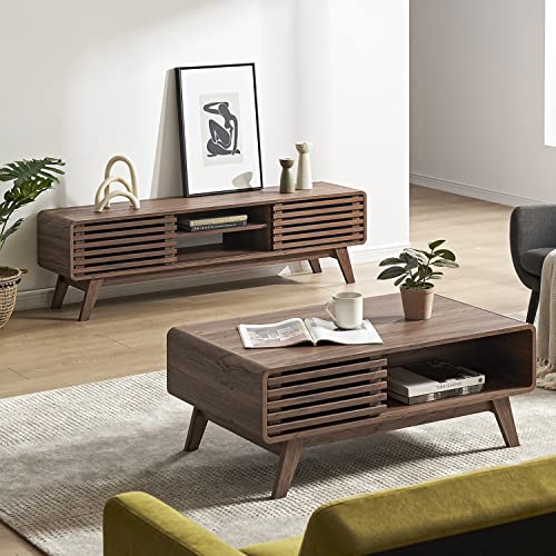 Mopio Ensley 59" Mid-Century Modern Tv Stand For 55/60 Inch Tv, Low Profile With Sleek Rounded Finishing #TOP3