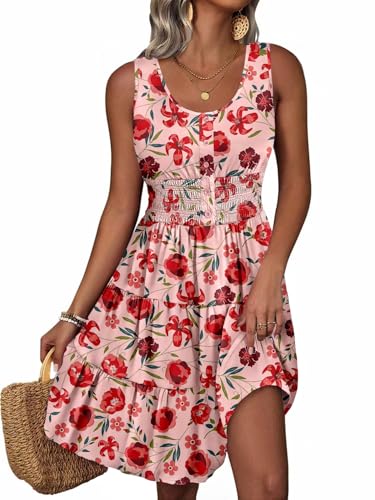 Image of Summer Dresses for Women Casual Sleeveless Sundresses Elastic Waist Mini Sun Dress