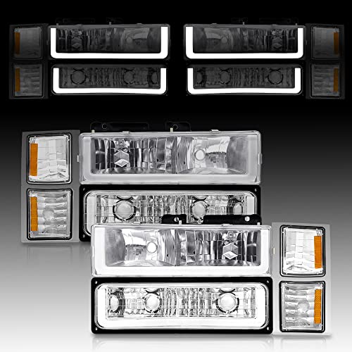 AS Headlights Assembly For 1994-1998 Chevy Silverado Tahoe Suburban C10 Chrome Housing Clear Lens Amber Reflector with Ultra Bright Led DRL