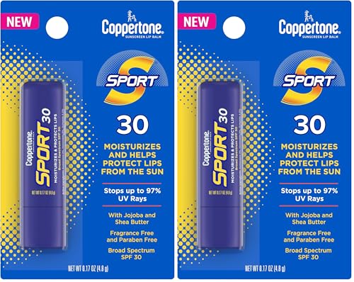 Coppertone Sport SPF 30 Lip Balm, Broad Spectrum SPF 30 Sun Protection With Jojoba and Shea Butter, Hydrates Lips, 0.17 Oz Stick (Pack of 2)