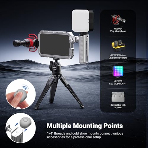 Image of NEEWER Phone Cage Kit Compatible with iPhone 17 Pro Max Only, Video Rig Stabilizer Accessories with 67mm Filter Ring, 17mm Lens Backplate, T Mount Adapter, Two Quick Release Handles, PA144 (Silver)