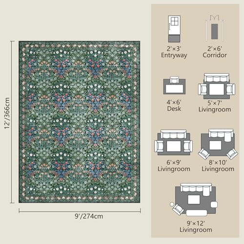 Image of Washable Dark Green Rug for Living Room, 9x12 Large Area Rug for Dining Room, Bedroom, Soft, Low Pile, Non-Slip & Stain Resistant - Vintage Floral Design Carpet