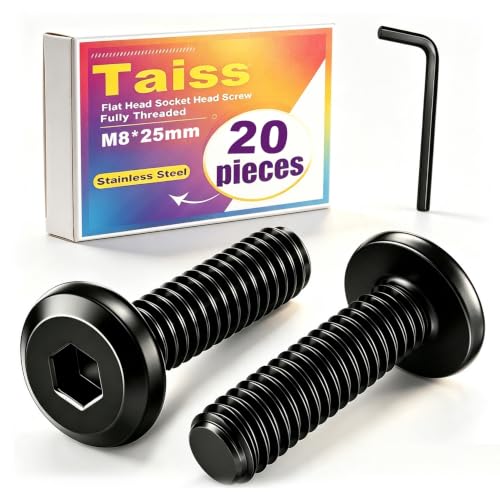 Taiss 20pcs M8 x 25mm Flat Head Socket Head Screw Furniture Bolts,Furniture Screws Stainless Steel 18-8(304),M8 Bolts Black Zinc Plated Fully Threaded,Countersunk Connector M8 Screws with Hex Spanner