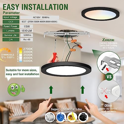 Zouzai Led Flush Mount Ceiling Light, Dimmable 5Cct Selectable 2700K/3000K/4000K/5000K/6000K,7Inch 15W Ultra Thin Round Lighting Fixture For Bedroom Etl Listed (Black, 7 Inch) #TOP4
