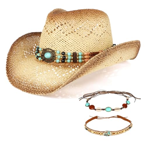 ZWZPOP Cowboy Hat,Cowgirl Hat,Cowboy Hats for Women/Mens/3 Decorative Bands Straw Hat,Western Cowboy Hat for Women and Men(US, Alpha, One Size, Beige & Brown)