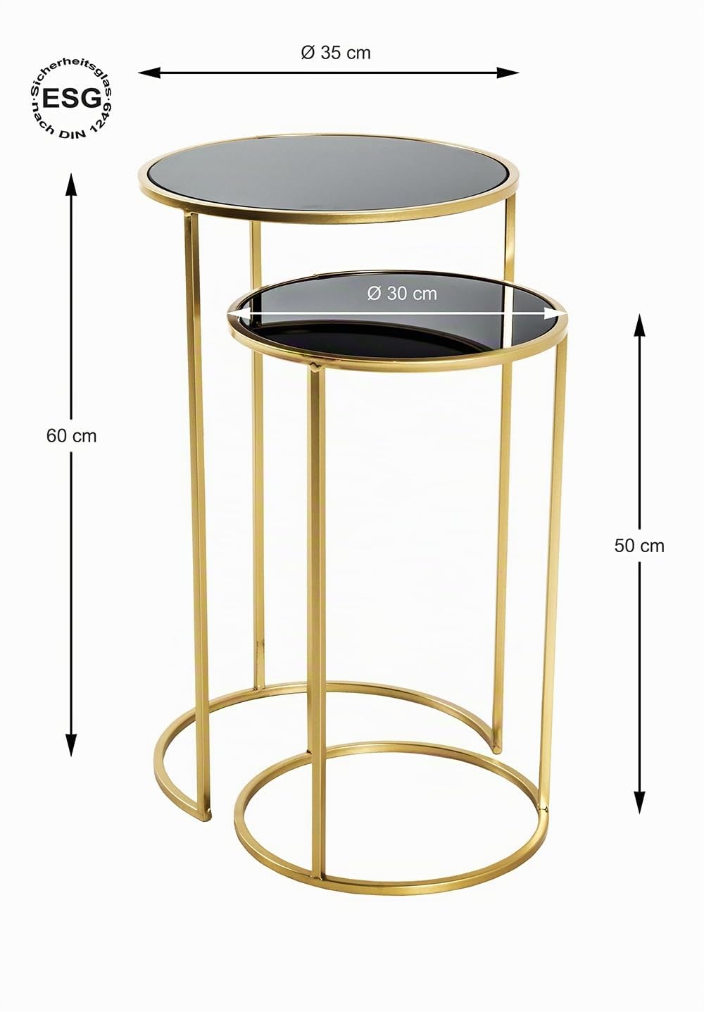 HAKU Tavolino rotondo Tavolino con piano in vetro Set da 2 oro nero metallo Vetro di sicurezza 5 mm - Dimensioni: A 50/60 x Ø 30/35 cm Stile: Glam