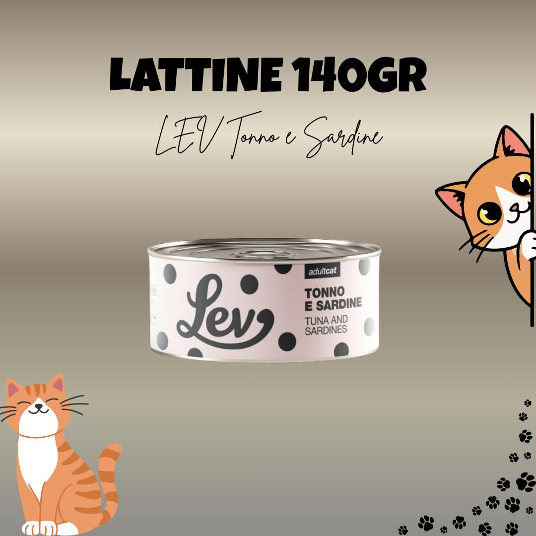 LEV Gatto Lattine per Gatti, lattine complementari per gatti adulti di tutte le taglie e razze, N. LEV TONNO E SARDINE 140 GR, 12 lattine da 140 grammi, 12x140gr.