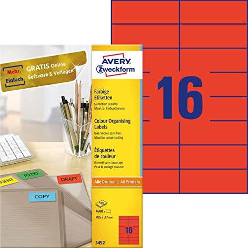 Avery Zweckform 3452 Coloured Labels A4 1600 Labels 105 x 37 mm 100