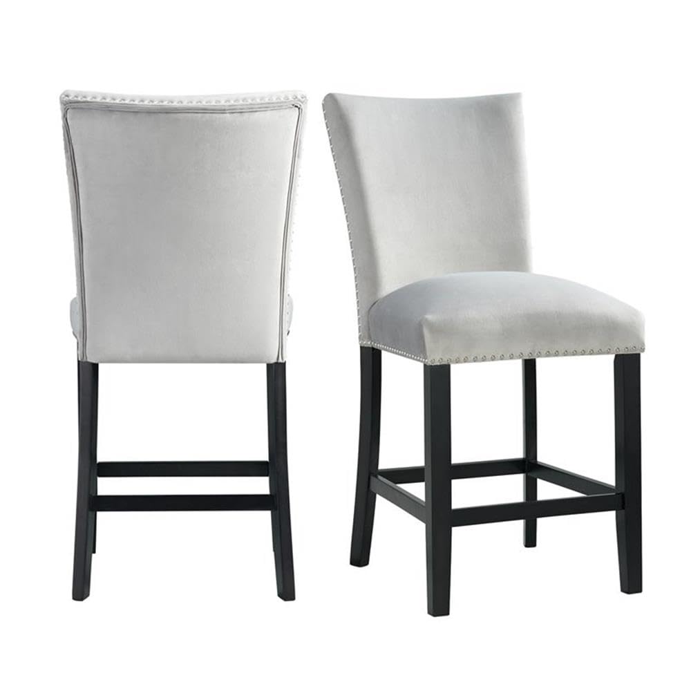 Pemberly Row Transitional Gray Velvet Counter Height Chair Set, 26 in Seat Height, Nail Head Trim, Black Base, Modern Dining Room Chairs, Upholstered Velvet, Set of 2