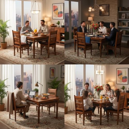 Image of APRODZ Solid Sheesham Wood Dining Table Set of 4 Seater Dinner Dinning Table with 4 Chair for Dining Furniture for Living Room Home Hotel Office Self Assembly (Honey Finish)