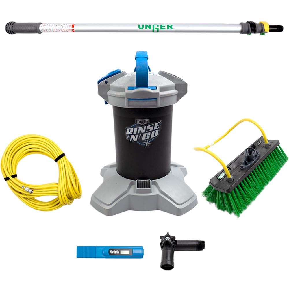 Unger Rinse & Go Pure Water Cleaning Kit - 1.5M Telescopic Pole, Water-Fed Brush & 20M Hose Pipe - Outdoor Professional Car Wash & Conservatory Cleaning Kit
