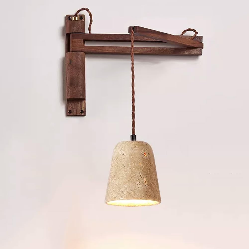 LUOYAOB Swing Arm Wall Sconce Hardwired Stone Wall Light Wabi Sabi Adjustable Wall Lamp Mid Century Wood Wall Sconce Bedside Reading Light for Bedroom Home Bar Hallway Decor(B款)