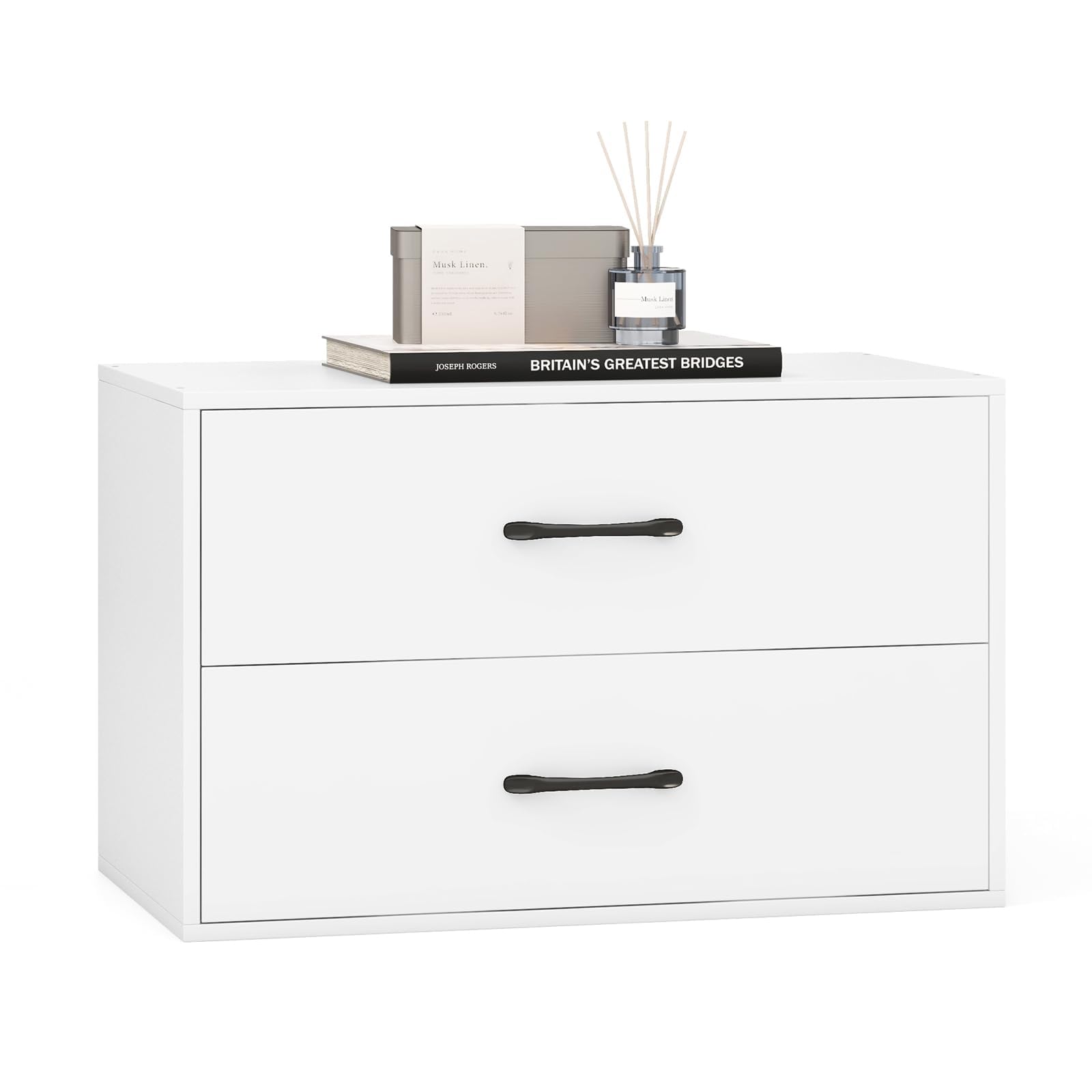 FANTASK Cassettiera Impilabile con 2 Cassetti, 60 x 34 x 38 cm, in Legno, Bianco, per Soggiorno, Camera da Letto, Ufficio