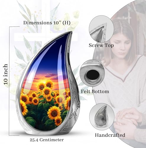 Image of Teardrop Sunflower Urns for Human Ashes Male - Burial Urns for Adult Human Ashes - Sunset Sunflower Urn for Adult Mother and Father - Large Decorative Urn for Mom and Dad 10inch
