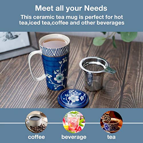 Taimei Teatime Hand Painted Tea/Coffee Mug, Ceramic Tea Cup with Infuser and Lid, 17 fl oz Large Tea Maker for Loose Leaf Tea, Blue and White - Thumbnail 4