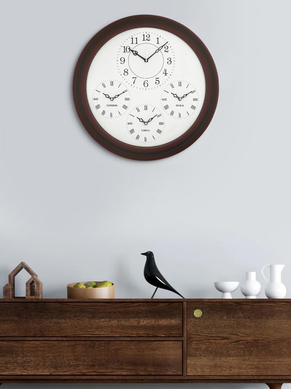 Image of CHRONIKLE Beautiful White Dial Round Wooden World Wall Clock for Home Office Decor, Brown, 20x20 Inch