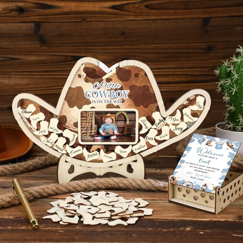 Image of Wenqik 63 Pcs Cowboy Baby Shower Guest Book Alternatives Set Baby Shower Decorations with Photo Frame Sonogram Frame Keepsake 60 Wood Slices Guest Book for Birthday