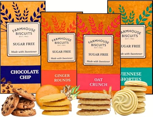 Farmhouse Sugar Free Biscuits For Diabetics Multipack Selection Box - Viennese Shorties Ginger Cookies Choc Chip Cookies Oat Crunch Cookies | Ideal for Weight Loss (Pack of 1 (4Mix Flavours))