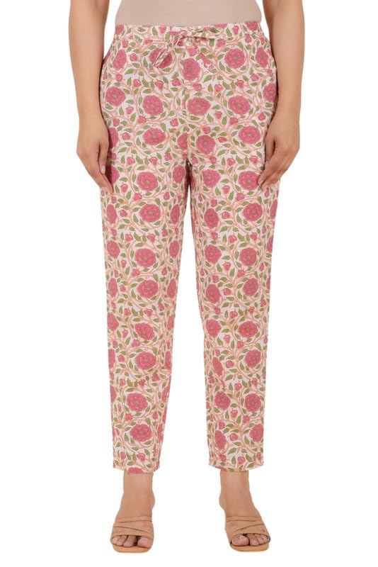 Soft Cotton Pink Floral Print Office or Casual Wear Pant for Women-image-43