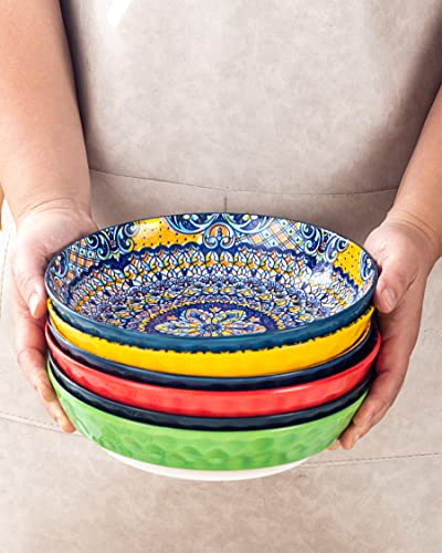 Henxfen Lead Pasta Salad Bowls Set Of 6, Wide And Shallow Serving Dishes 27 Oz - 8 Inch Porcelain Deep Soup Plates For Dinner, Kitchen And Eating - Bohemian Style #TOP4
